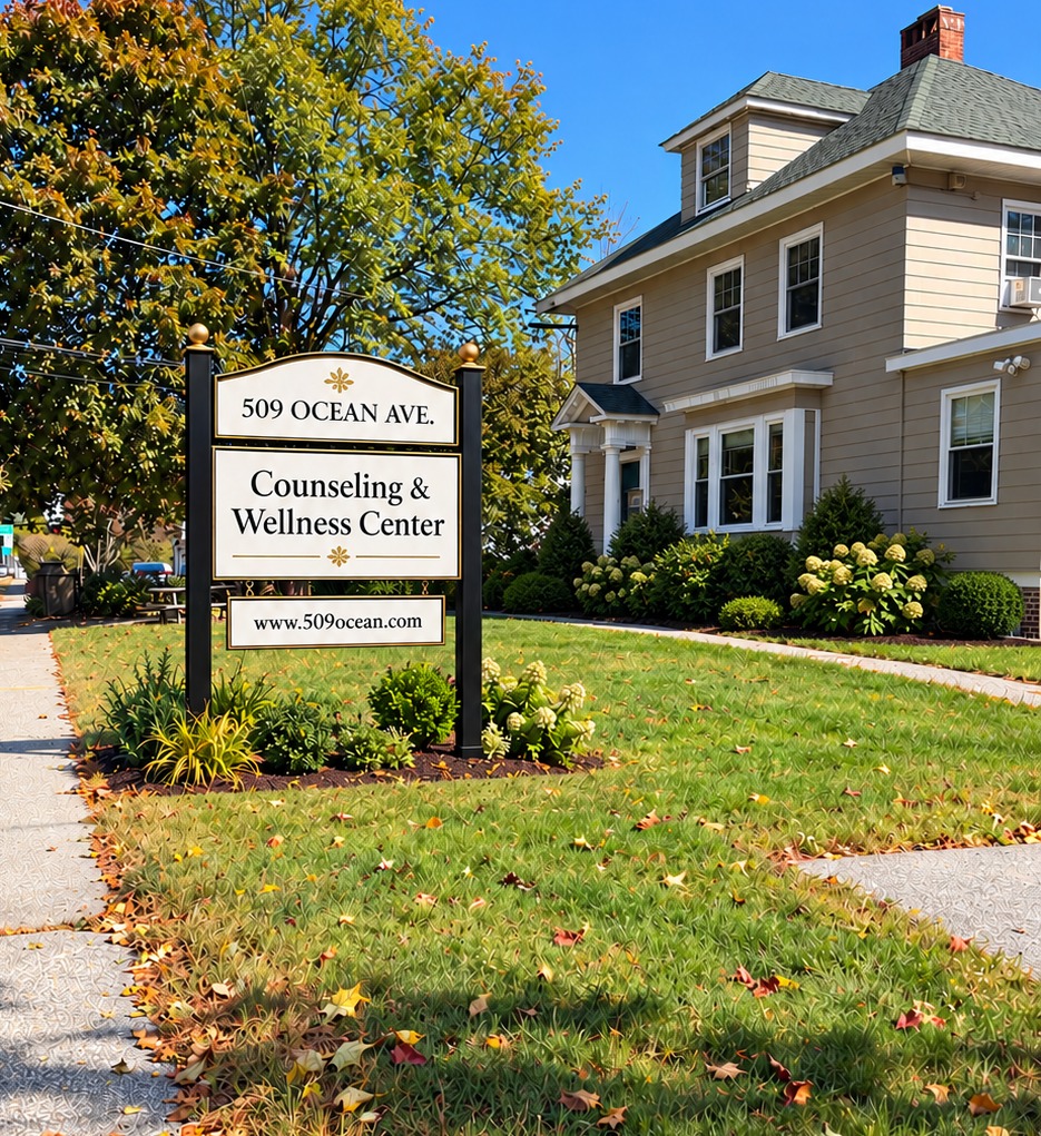Rendering of the planned 509 Ocean Ave. Counseling & Wellness Center sign on the lawn in front of the building